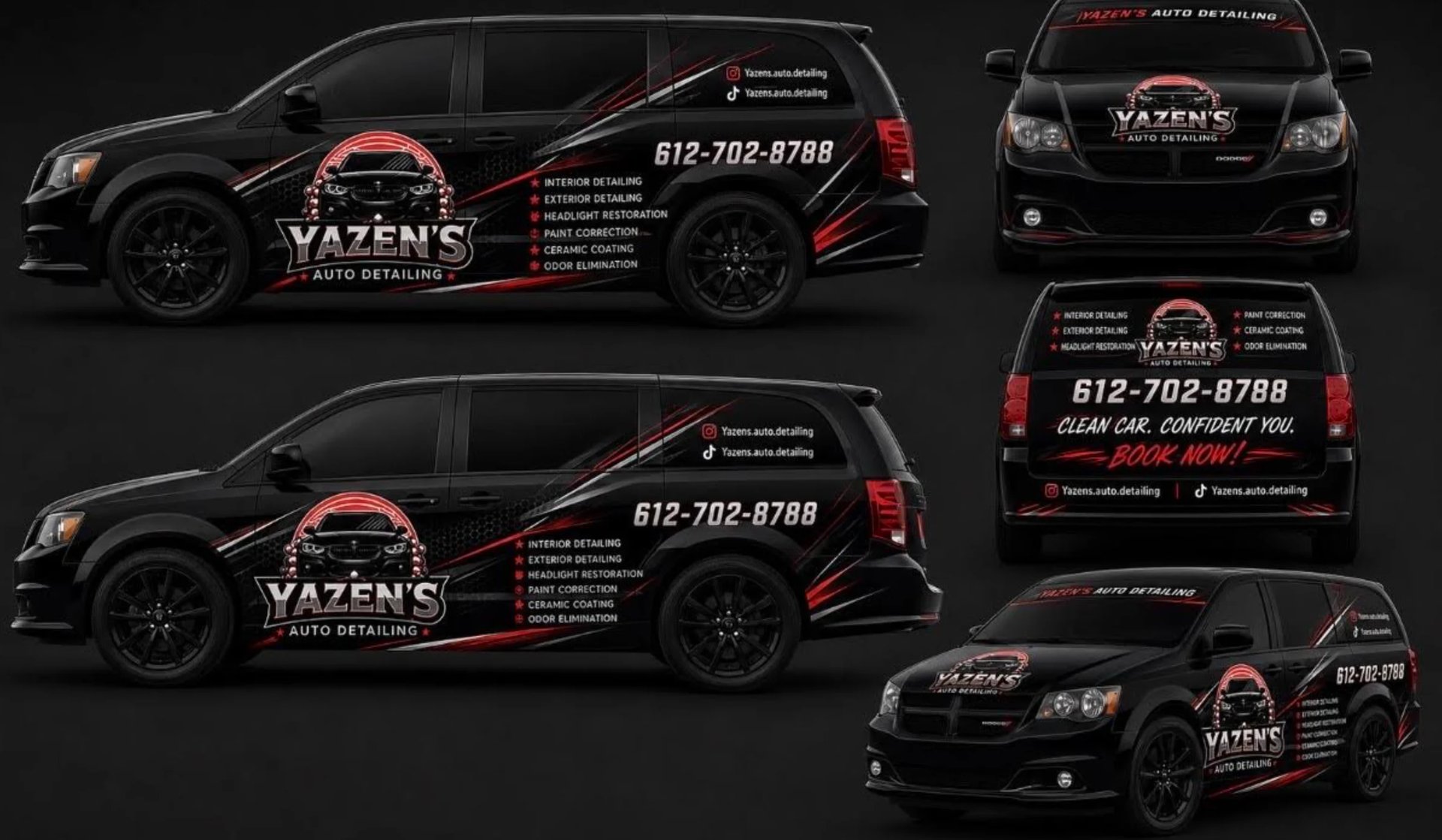 Black minivan with red accents showing Vazenes Auto Detailing branding and contact information
