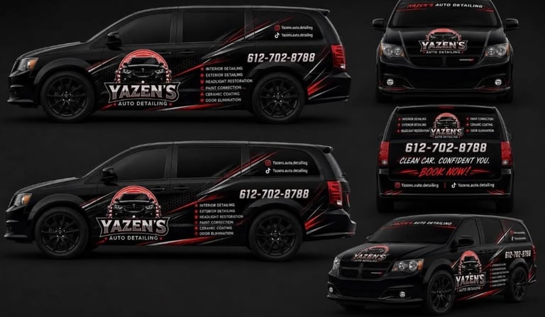 Black minivan with red accents showing Vazenes Auto Detailing branding and contact information