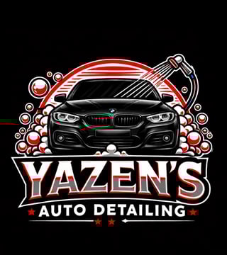 Yazen's Auto Detailing logo featuring a black BMW car with red and white design elements and soap bubbles on a black background